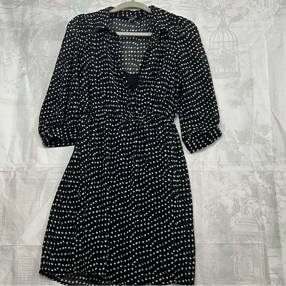 Forever 21 Large Black/White Polka Dot 3/4 Sleeve Dress with Slip quiet goth